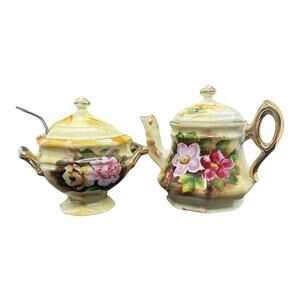 Vintage Enesco Creamer And Sugar Bowl Jar Pink Purple Violets Floral E2357/E2364